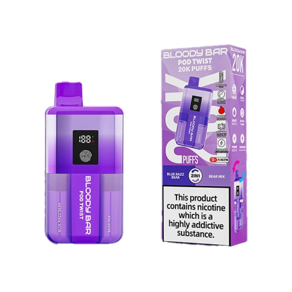 Bloody Bar Pod Twist 20K Prefilled Pod Kit Box of 5 in Blue Razz Bear at UK Vaper Wholesale