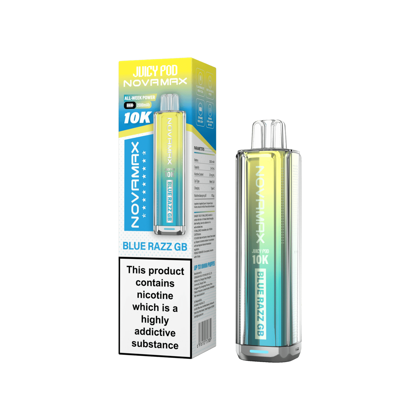 Juicy Pod Novamax 10k Prefilled Pod Vape Kit - Pack of 5 available in Blue Razz GB Flavour at UK Vaper Wholesale