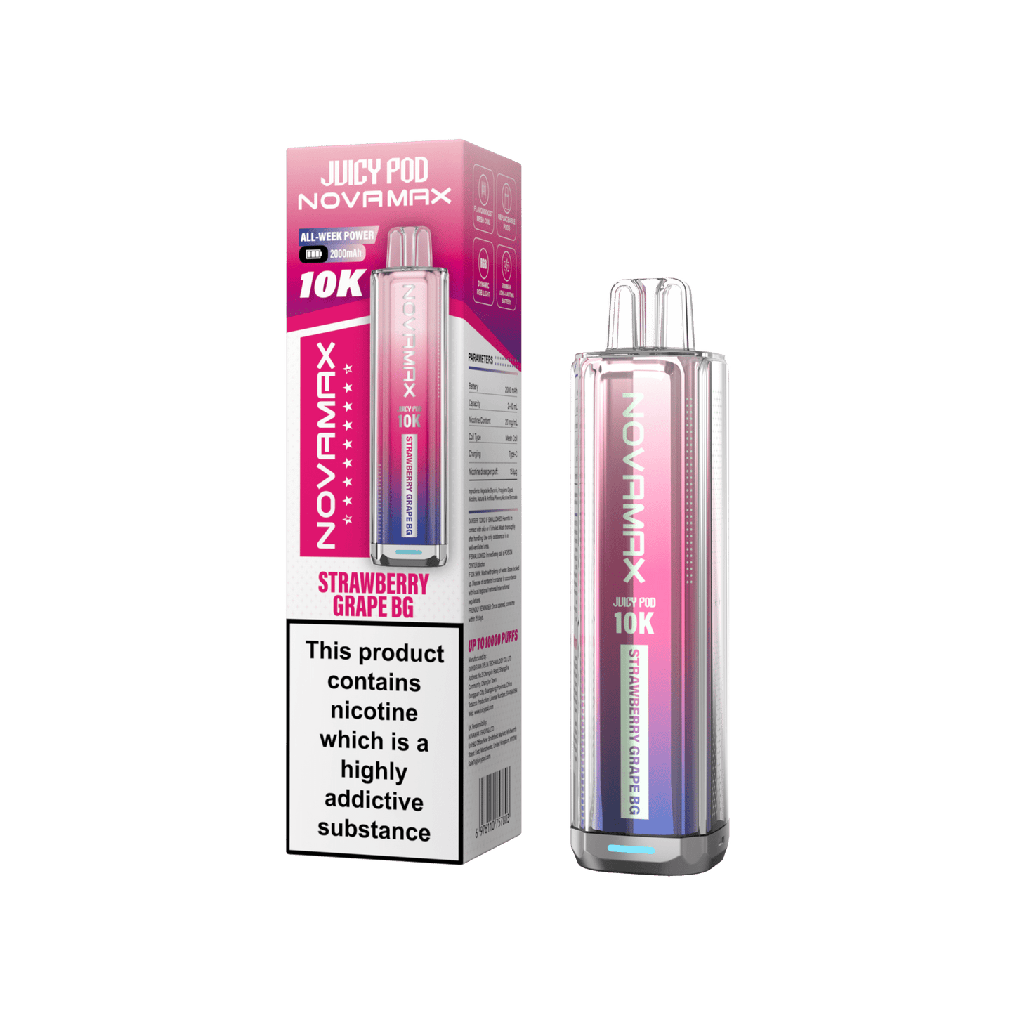 Juicy Pod Novamax 10k Prefilled Pod Vape Kit - Pack of 5 available in Strawberry Grape Flavour at UK Vaper Wholesale